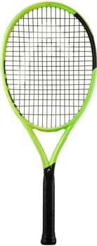 Ein grüner Tennisschläger mit schwarzem Griffband und weißem Schriftzug.