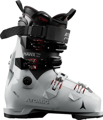 Ein weißer Atomic Hawx Prime 130 S Skischuh mit schwarzen Akzenten. Ein weißer Atomic Hawx Prime 130 S Skischuh mit schwarzen Akzenten.
