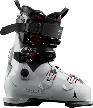 Ein weißer Atomic Hawx Prime 130 S Skischuh mit schwarzen Akzenten.