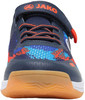 Kinder dunkelblauer Sportschuh mit orangen Akzenten und buntem Muster.