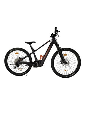 Schwarzes Lapierre E-Bike mit orangefarbenen Details und Federung.