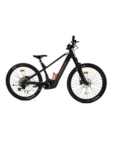 Schwarzes Lapierre E-Bike mit orangefarbenen Details und Federung.