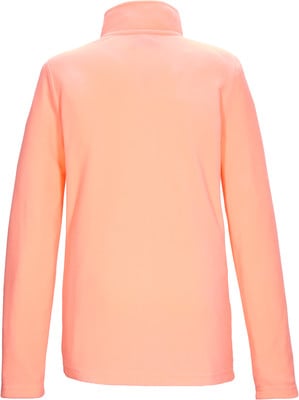 Rückansicht eines hellorangefarbenen Fleece-Pullovers mit langen Ärmeln. Rückansicht eines hellorangefarbenen Fleece-Pullovers mit langen Ärmeln.
