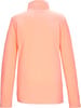 Rückansicht eines hellorangefarbenen Fleece-Pullovers mit langen Ärmeln.
