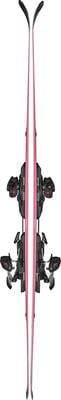 Skier mit rosa Streifen und schwarzen Bindungen, von oben gesehen. Skier mit rosa Streifen und schwarzen Bindungen, von oben gesehen.