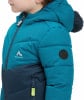 Kinderjacke aus Daunen in Dunkelblau und Türkis mit Kapuze und McKinley-Logo.