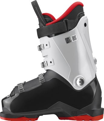 Ein Skischuh mit schwarzer und weißer Schale und rotem Futter. Ein Skischuh mit schwarzer und weißer Schale und rotem Futter.