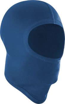 Eine blaue Sturmhaube mit einer Gesichtsöffnung und Nähten.