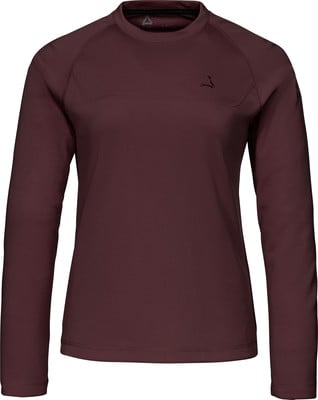 Damenweinrotes Langarmshirt mit dezentem Muster und Logo. Damenweinrotes Langarmshirt mit dezentem Muster und Logo.