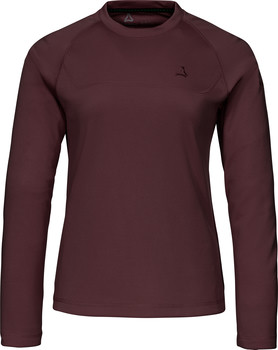 Damenweinrotes Langarmshirt mit dezentem Muster und Logo.