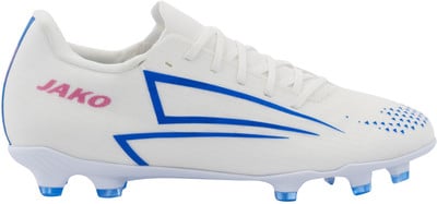 Weiße JAKO Fußballschuhe mit blauen Streifen und rosa Logo. Weiße JAKO Fußballschuhe mit blauen Streifen und rosa Logo.