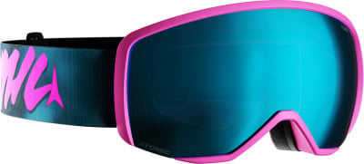 Eine pinke Skibrille mit blauer Linse und buntem Band. Eine pinke Skibrille mit blauer Linse und buntem Band.