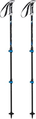 Zwei schwarze Trekkingstöcke mit blauen Details und Schlaufen. Zwei schwarze Trekkingstöcke mit blauen Details und Schlaufen.