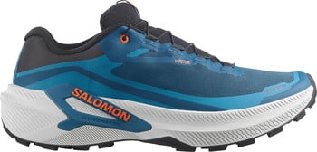 Blauer Salomon Laufschuh mit orangefarbenen Details und Gore-Tex-Technologie.