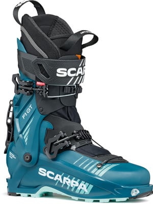 Ein blauer Scarpa F1 GT Skischuh mit schwarzen Schnallen und Markenlogo. Ein blauer Scarpa F1 GT Skischuh mit schwarzen Schnallen und Markenlogo.