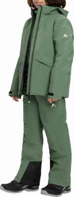 Kind in grüner Winterjacke und Hose mit schwarzen Details und McKinley-Logo. Kind in grüner Winterjacke und Hose mit schwarzen Details und McKinley-Logo.