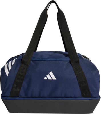 Dunkelblaue Adidas Sporttasche mit weißem Logo und Streifen.