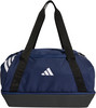 Dunkelblaue Adidas Sporttasche mit weißem Logo und Streifen.