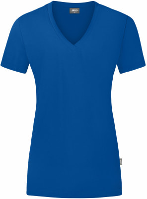 Blaues Damen-T-Shirt mit V-Ausschnitt und kurzen Ärmeln. Blaues Damen-T-Shirt mit V-Ausschnitt und kurzen Ärmeln.