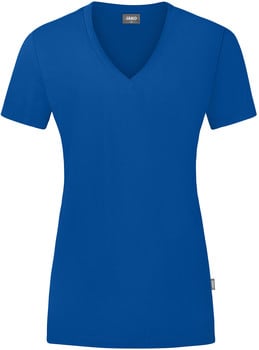 Blaues Damen-T-Shirt mit V-Ausschnitt und kurzen Ärmeln.