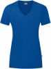 Blaues Damen-T-Shirt mit V-Ausschnitt und kurzen Ärmeln.