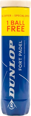 Gelbe und blaue Dose mit Dunlop Fort Padel Schriftzug und 1 Gratisball-Angebot.