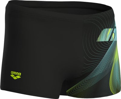 Schwarze Arena-Badehose mit neonfarbenem Logo und abstraktem Muster. Schwarze Arena-Badehose mit neonfarbenem Logo und abstraktem Muster.