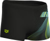 Schwarze Arena-Badehose mit neonfarbenem Logo und abstraktem Muster.