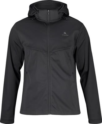 Schwarze Herren-Softshelljacke mit Kapuze und Logo auf der Brust. Schwarze Herren-Softshelljacke mit Kapuze und Logo auf der Brust.