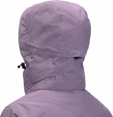 Rückansicht einer lila Kapuzenjacke mit verstellbarem Kordelzug.