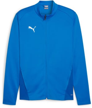 Blaue Herrenjacke von Puma mit Reißverschluss und weißem Logo.