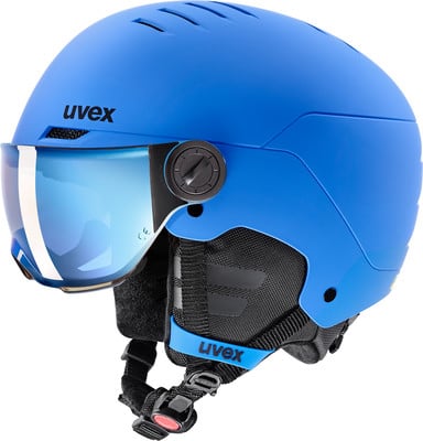 Blauer UVEX Skihelm mit integriertem Visier und verstellbarer Belüftung.