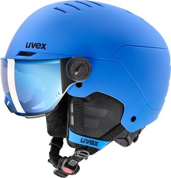 Blauer UVEX Skihelm mit integriertem Visier und verstellbarer Belüftung.