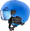 Blauer UVEX Skihelm mit integriertem Visier und verstellbarer Belüftung.