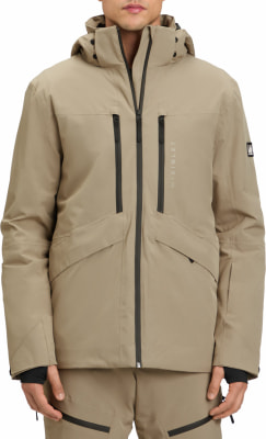Herren-Skijacke in Beige mit Kapuze und schwarzen Reißverschlüssen. Herren-Skijacke in Beige mit Kapuze und schwarzen Reißverschlüssen.