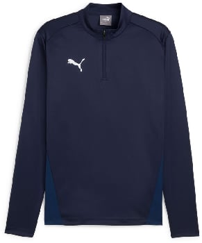 Dunkelblaues Herren-Sweatshirt von Puma mit weißem Logo und kurzem Reißverschluss.
