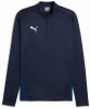 Dunkelblaues Herren-Sweatshirt von Puma mit weißem Logo und kurzem Reißverschluss.