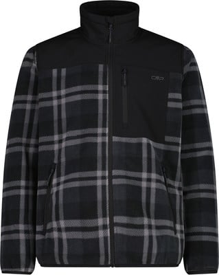Schwarze karierte Fleecejacke mit schwarzen Einsätzen und Reißverschluss.