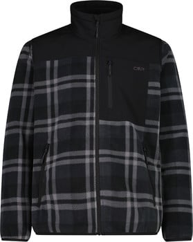 Schwarze karierte Fleecejacke mit schwarzen Einsätzen und Reißverschluss.