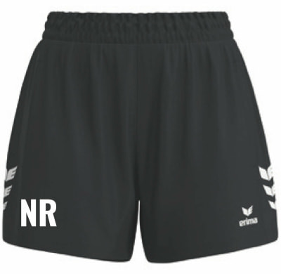 Schwarze Shorts mit NR-Logo und Streifen am Bein.