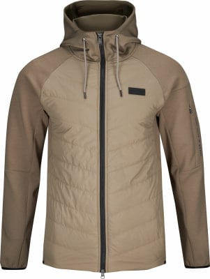 Beige Herrenjacke mit Kapuze und gestepptem Vorderteil. Beige Herrenjacke mit Kapuze und gestepptem Vorderteil.