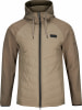 Beige Herrenjacke mit Kapuze und gestepptem Vorderteil.