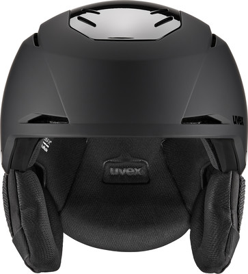 Schwarzer UVEX Skihelm mit glänzenden Elementen und weichen Ohrenschützern. Schwarzer UVEX Skihelm mit glänzenden Elementen und weichen Ohrenschützern.