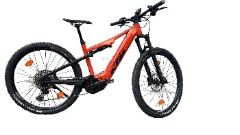 Orange KTM Fully E-Bike mit schwarzen Rädern und Details.