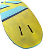 Gelbes Surfbrett mit blauen und dunkelblauen Streifen und zwei schwarzen Boxen.