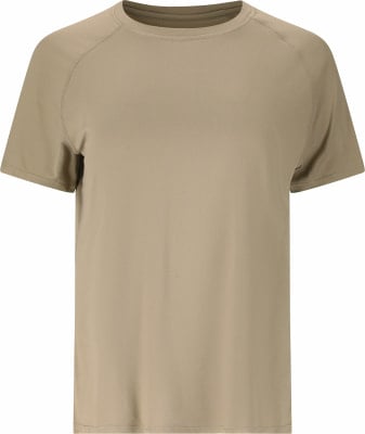 Ein beiges T-Shirt mit kurzen Ärmeln und Rundhalsausschnitt. Ein beiges T-Shirt mit kurzen Ärmeln und Rundhalsausschnitt.