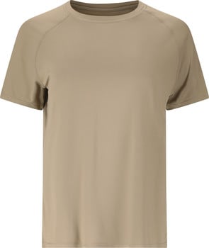 Ein beiges T-Shirt mit kurzen Ärmeln und Rundhalsausschnitt.