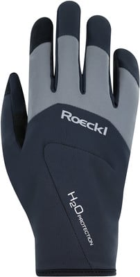 Dunkelblaue Roeckl-Handschuhe mit grauen und schwarzen Akzenten und H2O PROTECTION Schriftzug. Dunkelblaue Roeckl-Handschuhe mit grauen und schwarzen Akzenten und H2O PROTECTION Schriftzug.