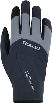 Dunkelblaue Roeckl-Handschuhe mit grauen und schwarzen Akzenten und H2O PROTECTION Schriftzug.