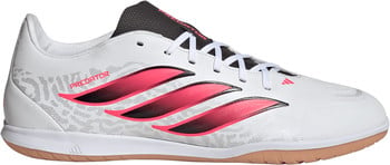 Weiße Adidas Predator Fußballschuhe mit rosa Streifen und Gummisohle.